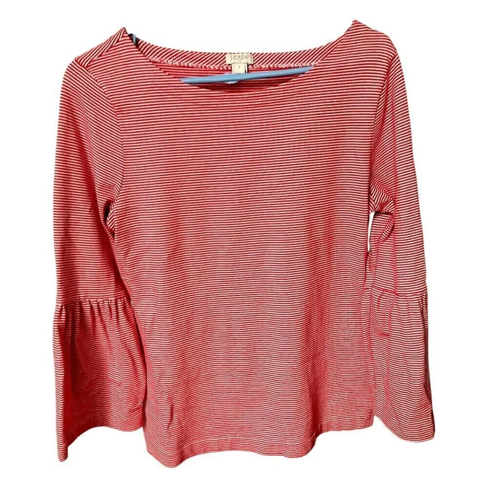J. Crew Women's Red Orange White Stripe Boat Neck Bell Sleeves Top Size Small